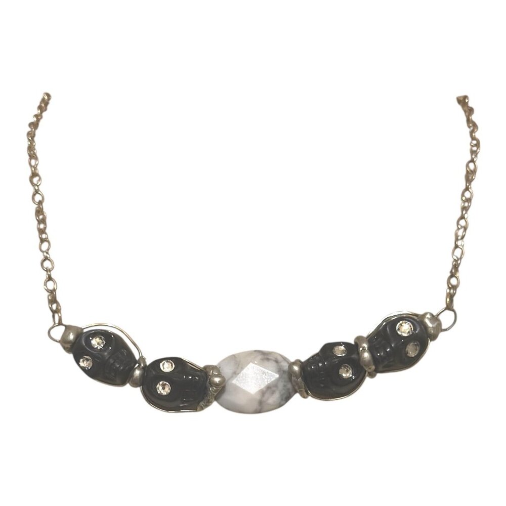 Artisan Necklace W/ Black Onyx Sugar Skulls, Swarovski Eyes & Marble Centerpiece - Picture 7 of 12